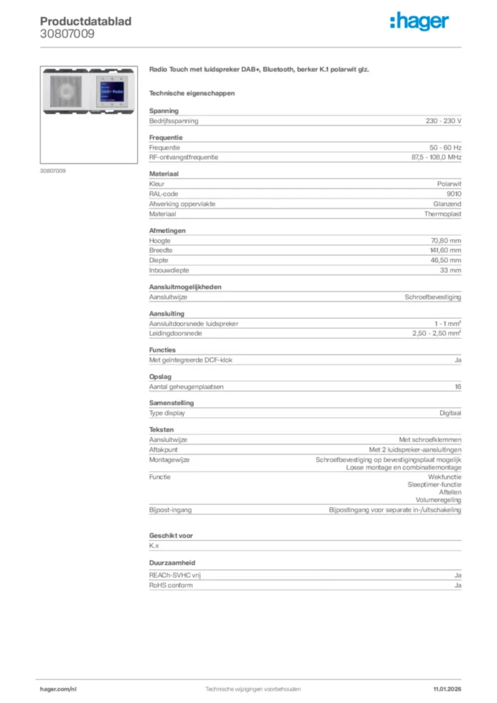 Afbeelding Hager Productdatablad 30807009 | Hager Nederland