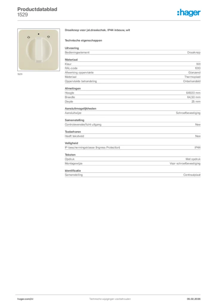 Afbeelding Hager Productdatablad 1529 | Hager Nederland