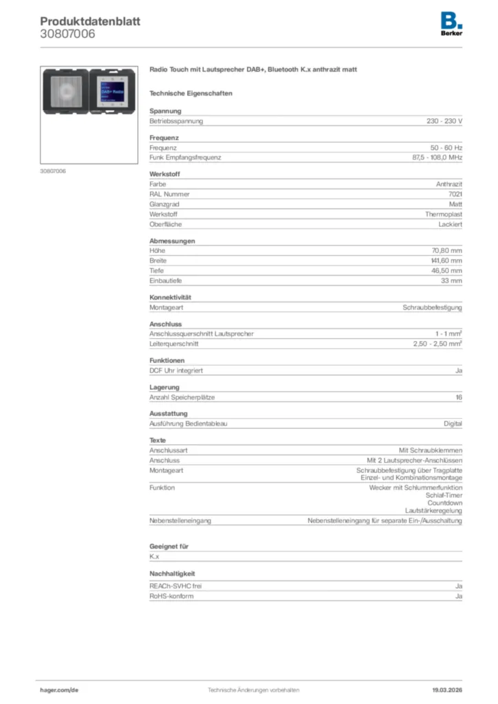 Bild Berker Produktdatenblatt 30807006 | Hager Deutschland