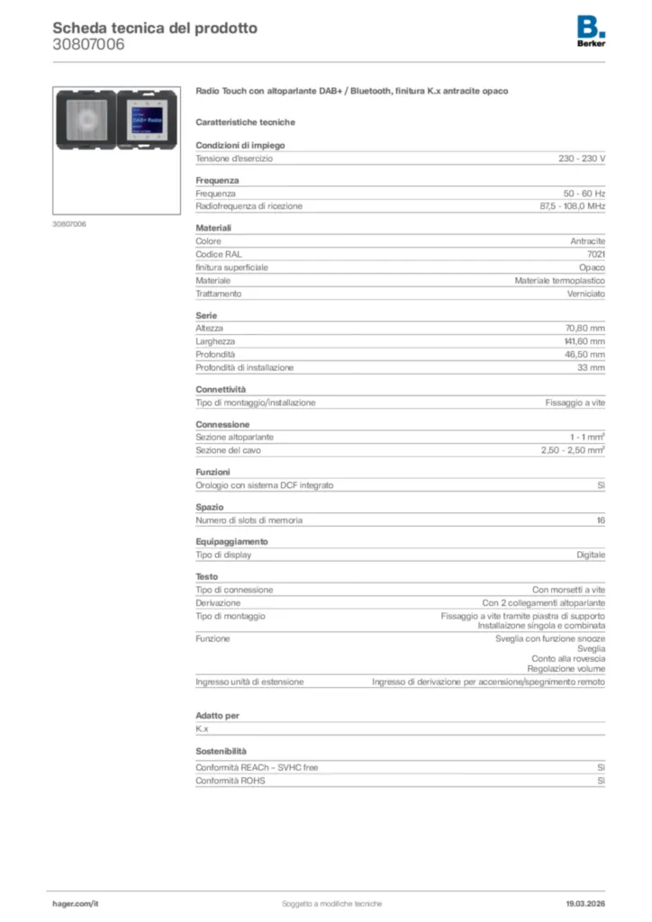 Immagine Berker Scheda tecnica del prodotto 30807006 | Hager Italia