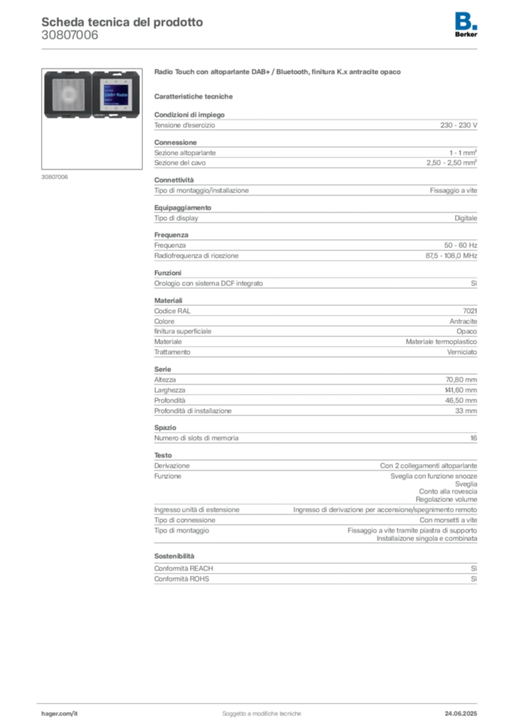 Immagine Berker Scheda tecnica del prodotto 30807006 | Hager Italia