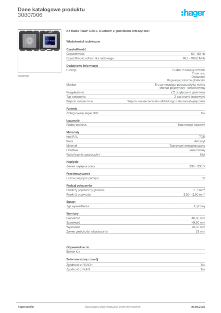 Zdjęcie Hager Dane katalogowe produktu 30807006 | Hager Polska