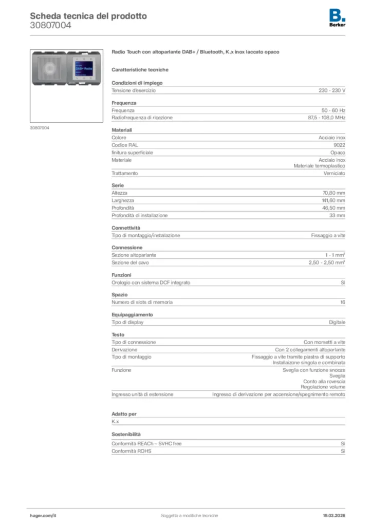 Immagine Berker Scheda tecnica del prodotto 30807004 | Hager Italia