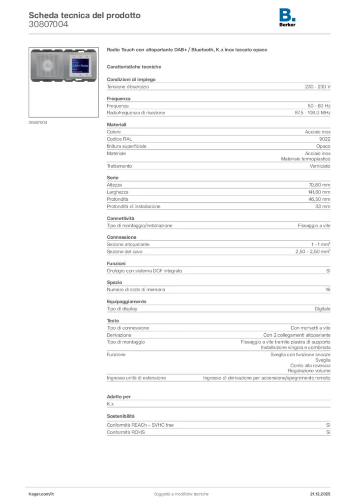 Immagine Berker Scheda tecnica del prodotto 30807004 | Hager Italia