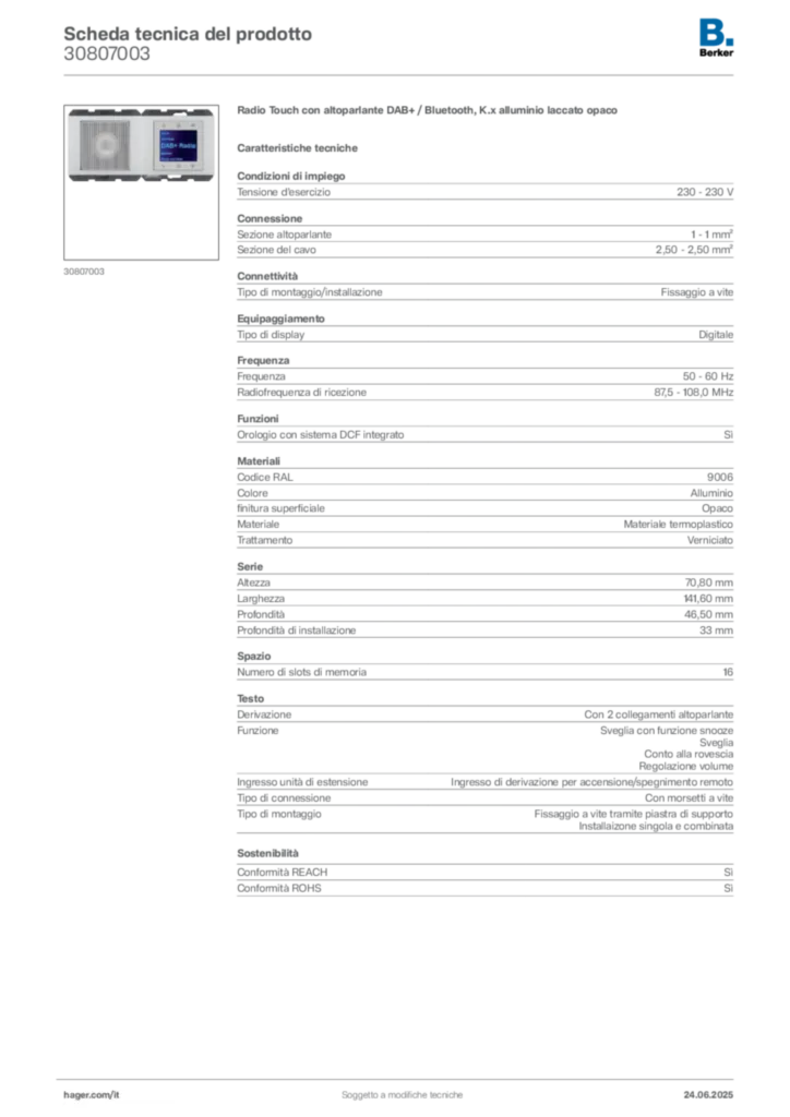 Immagine Berker Scheda tecnica del prodotto 30807003 | Hager Italia