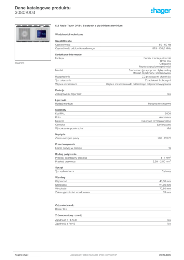 Zdjęcie Hager Dane katalogowe produktu 30807003 | Hager Polska