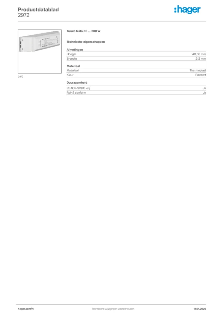 Afbeelding Hager Productdatablad 2972 | Hager Nederland