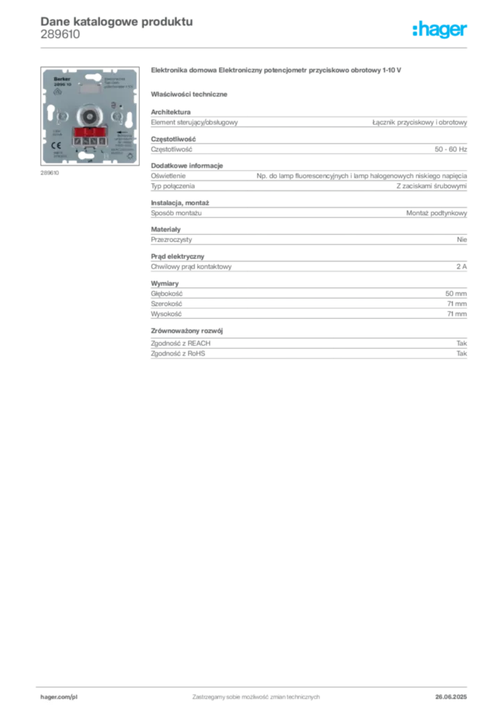 Zdjęcie Hager Dane katalogowe produktu 289610 | Hager Polska