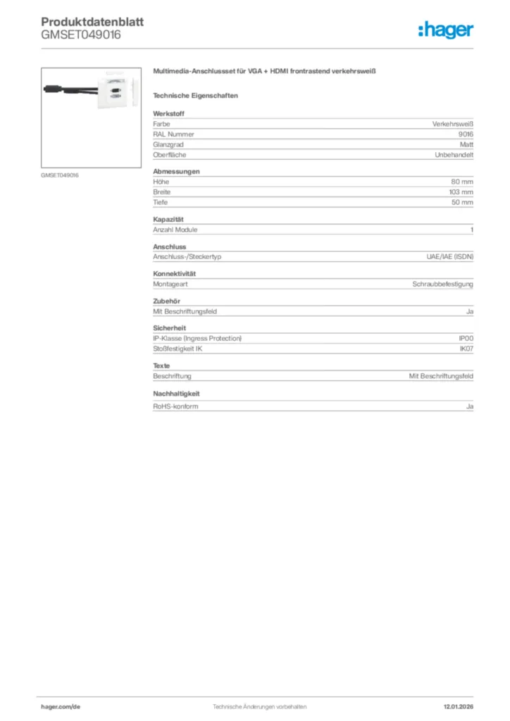 Bild Hager Produktdatenblatt GMSET049016 | Hager Deutschland