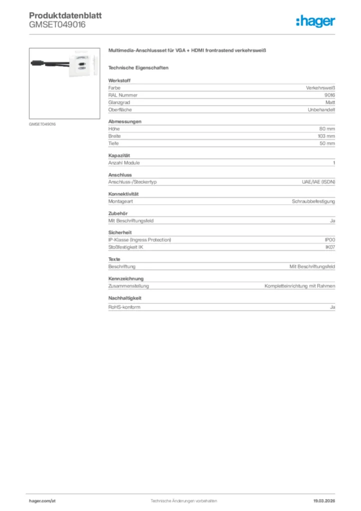 Bild Hager Produktdatenblatt GMSET049016 | Hager Deutschland