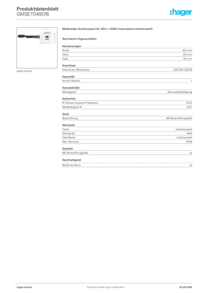 Bild Hager Produktdatenblatt GMSET049016 | Hager Deutschland