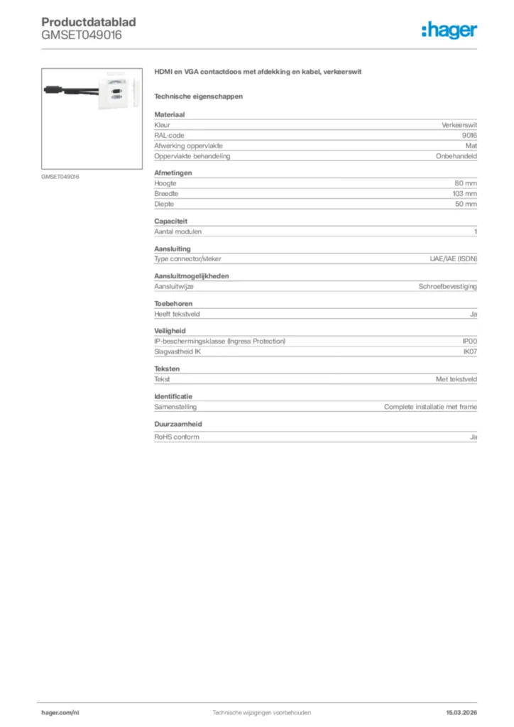 Afbeelding Hager Productdatablad GMSET049016 | Hager Nederland