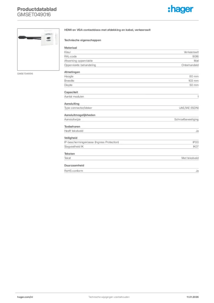 Afbeelding Hager Productdatablad GMSET049016 | Hager Nederland