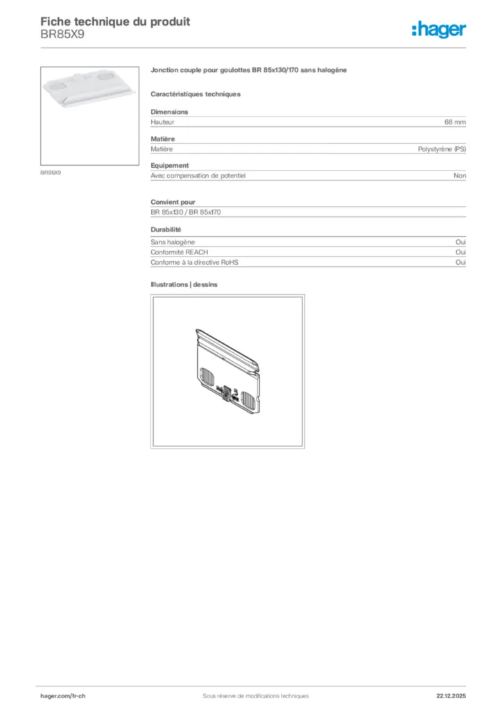 Image Hager Fiche technique du produit BR85X9 | Hager Suisse