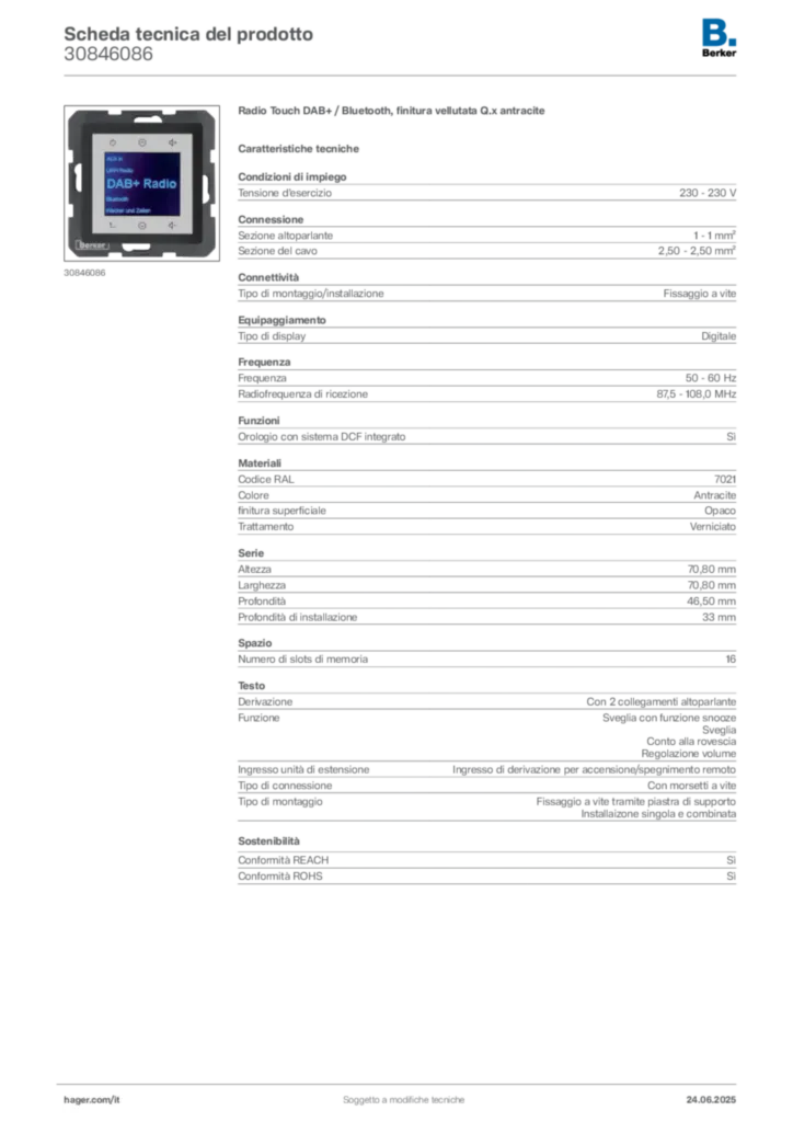 Immagine Berker Scheda tecnica del prodotto 30846086 | Hager Italia
