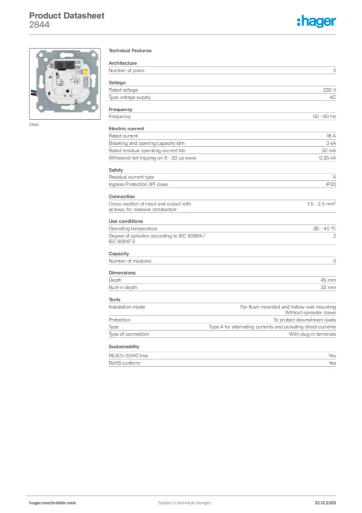 Image Hager Product data sheet 2844  | Hager