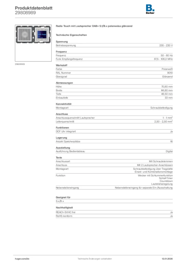 Bild Berker Produktdatenblatt 29808989 | Hager Deutschland