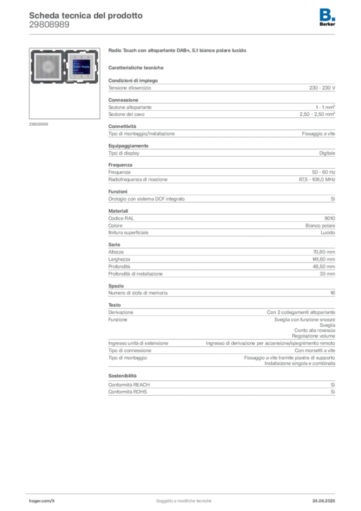 Immagine Berker Scheda tecnica del prodotto 29808989 | Hager Italia