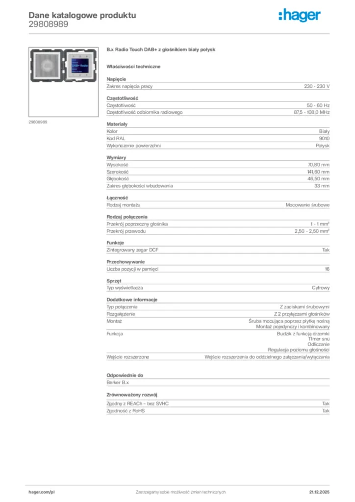Zdjęcie Hager Dane katalogowe produktu 29808989 | Hager Polska