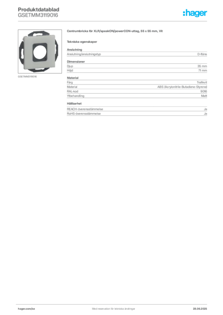 Bild Hager Produktdatablad GSETMM3119016 | Hager Sverige