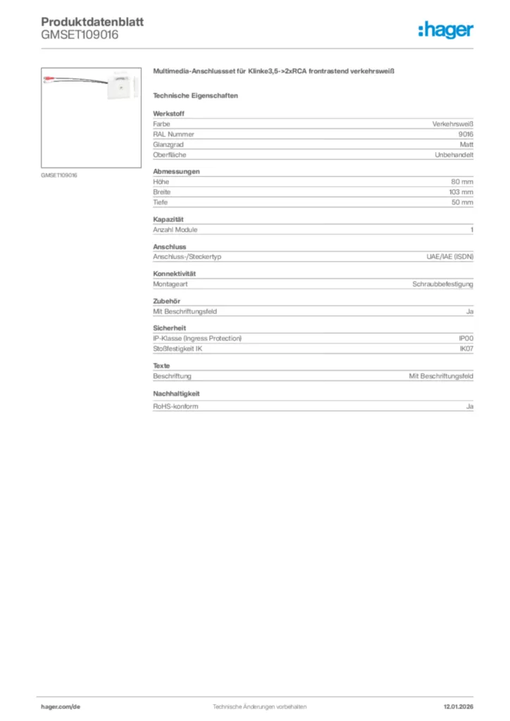 Bild Hager Produktdatenblatt GMSET109016 | Hager Deutschland