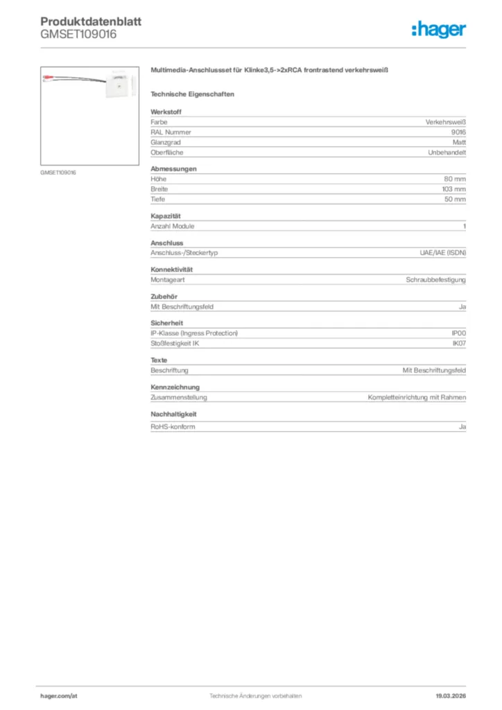 Bild Hager Produktdatenblatt GMSET109016 | Hager Deutschland