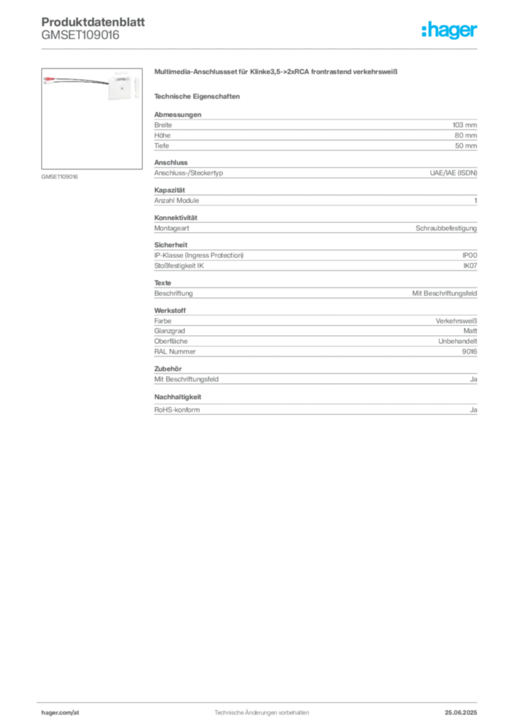 Bild Hager Produktdatenblatt GMSET109016 | Hager Deutschland