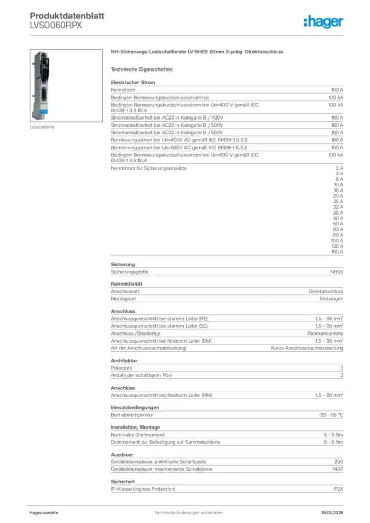 Bild Hager Produktdatenblatt LVS0060RPX | Hager Deutschland