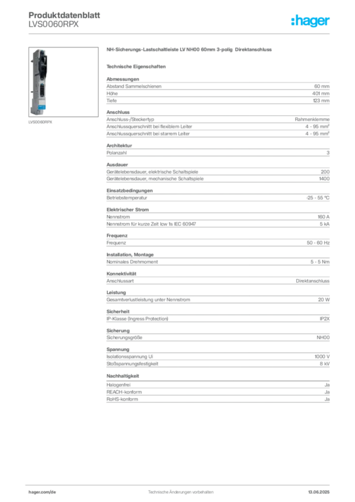 Bild Hager Produktdatenblatt LVS0060RPX | Hager Deutschland
