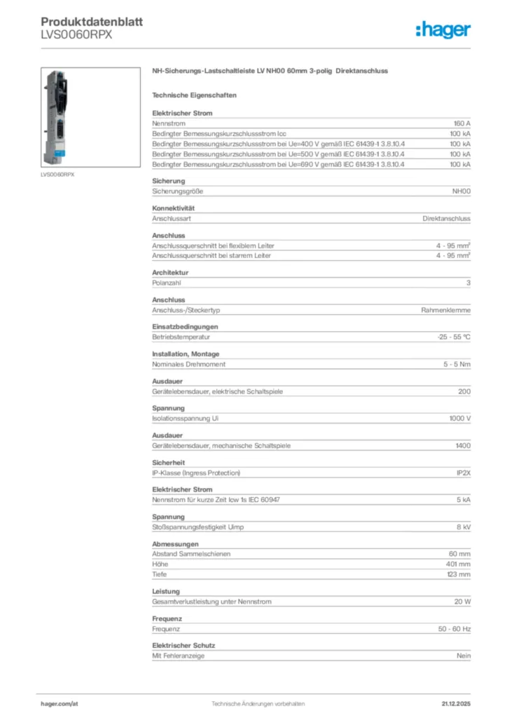 Bild Hager Produktdatenblatt LVS0060RPX | Hager Deutschland
