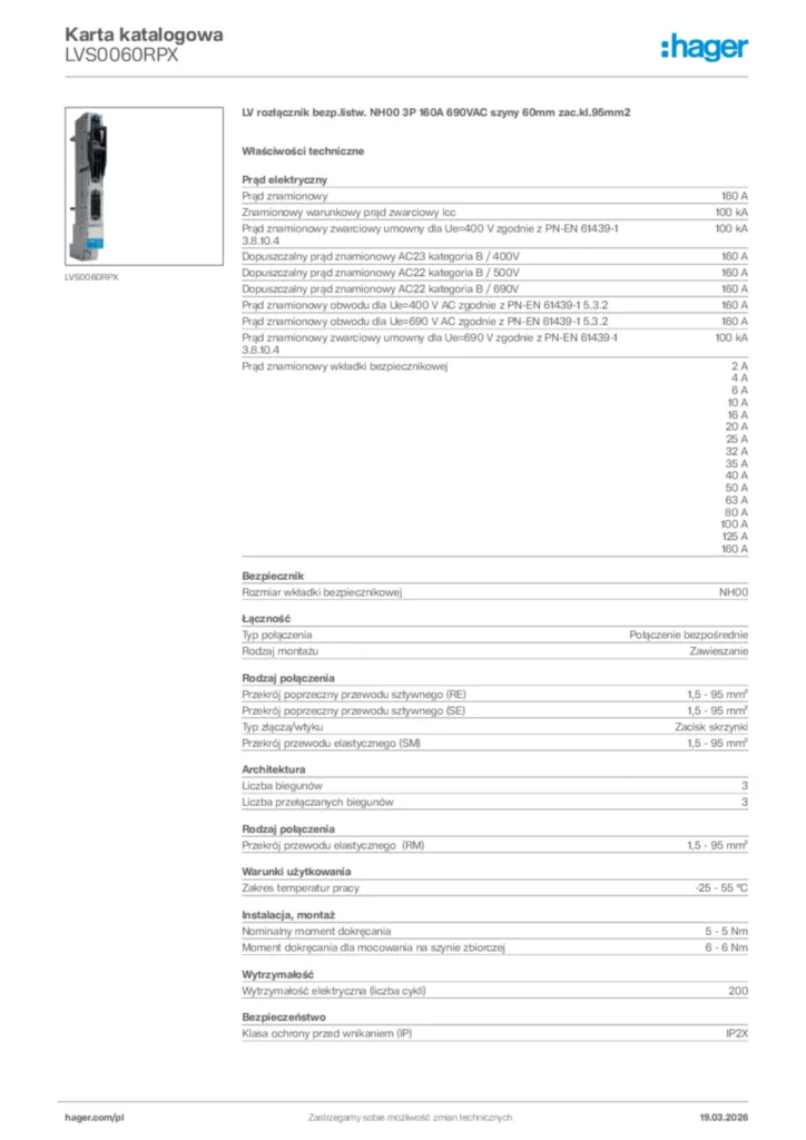 Zdjęcie Hager Karta katalogowa LVS0060RPX | Hager Polska