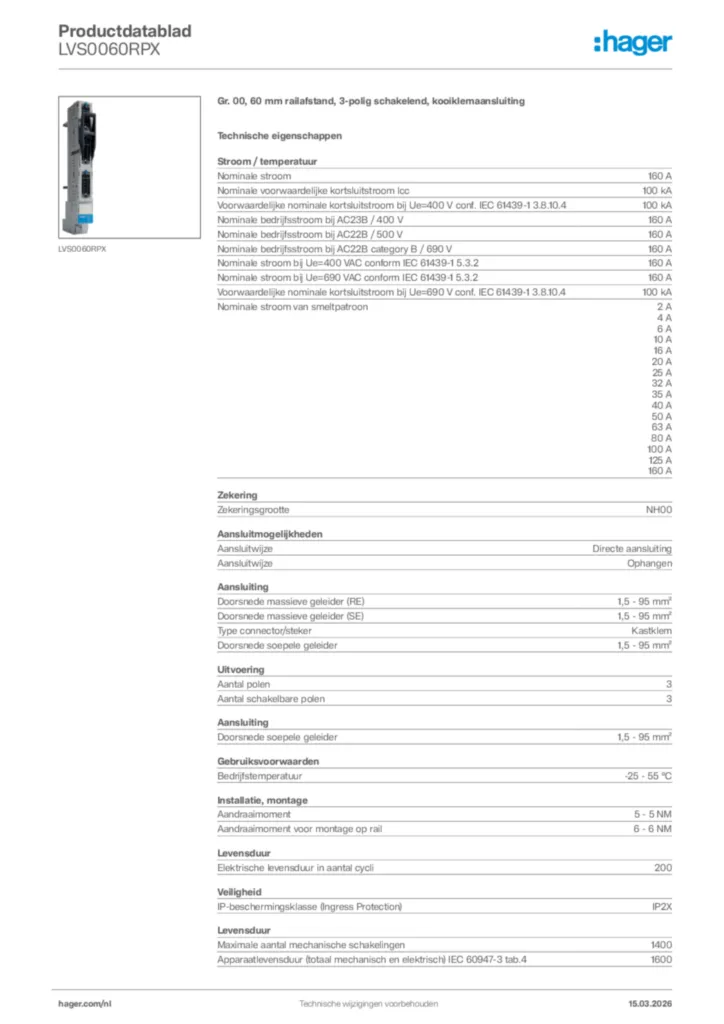 Afbeelding Hager Productdatablad LVS0060RPX | Hager Nederland