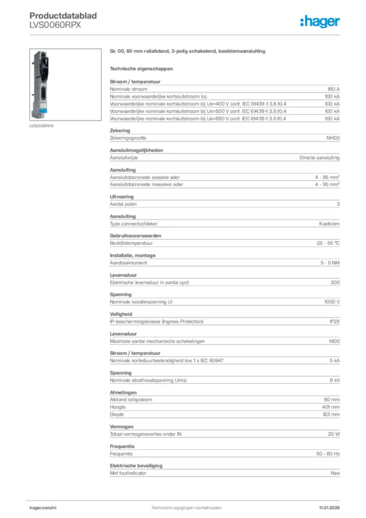 Afbeelding Hager Productdatablad LVS0060RPX | Hager Nederland