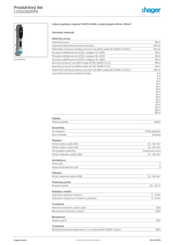 Obrázek Hager Product data sheet LVS0060RPX | Hager