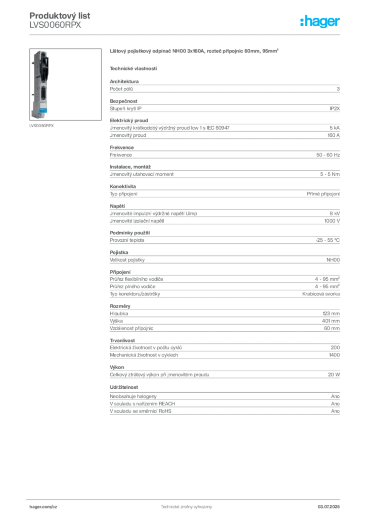 Obrázek Hager Produktový list LVS0060RPX | Hager