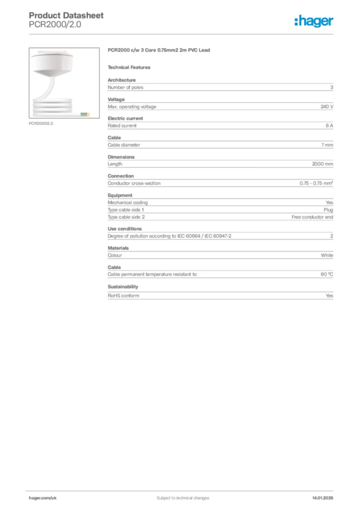 Image Hager Product data sheet PCR2000/2.0  | Hager