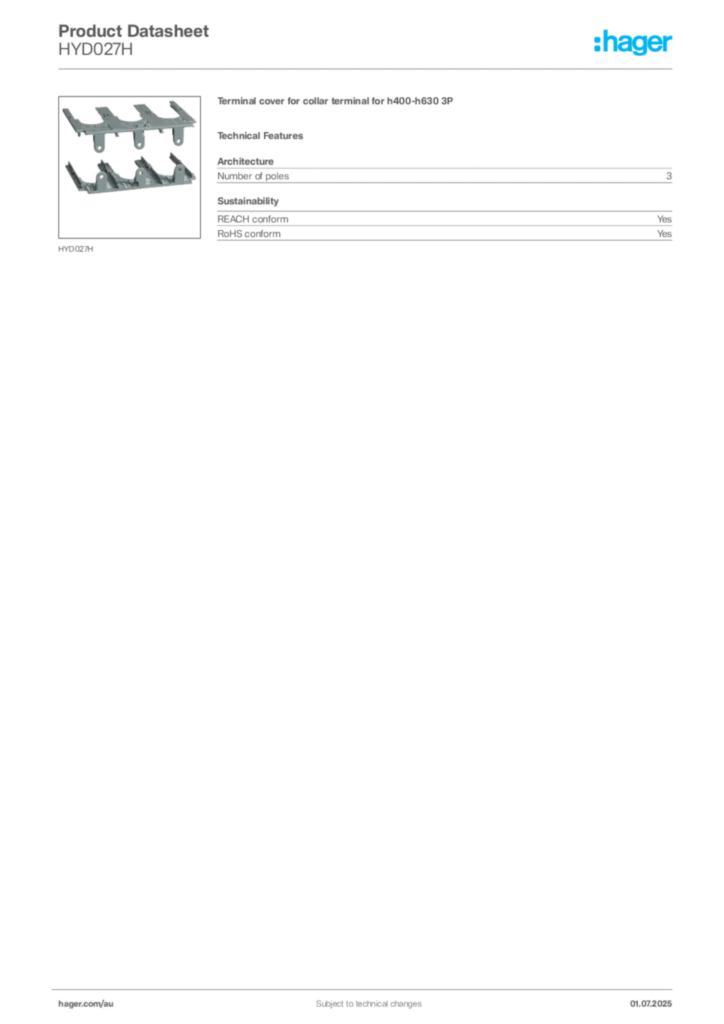 Image Hager Product data sheet HYD027H  | Hager Australia