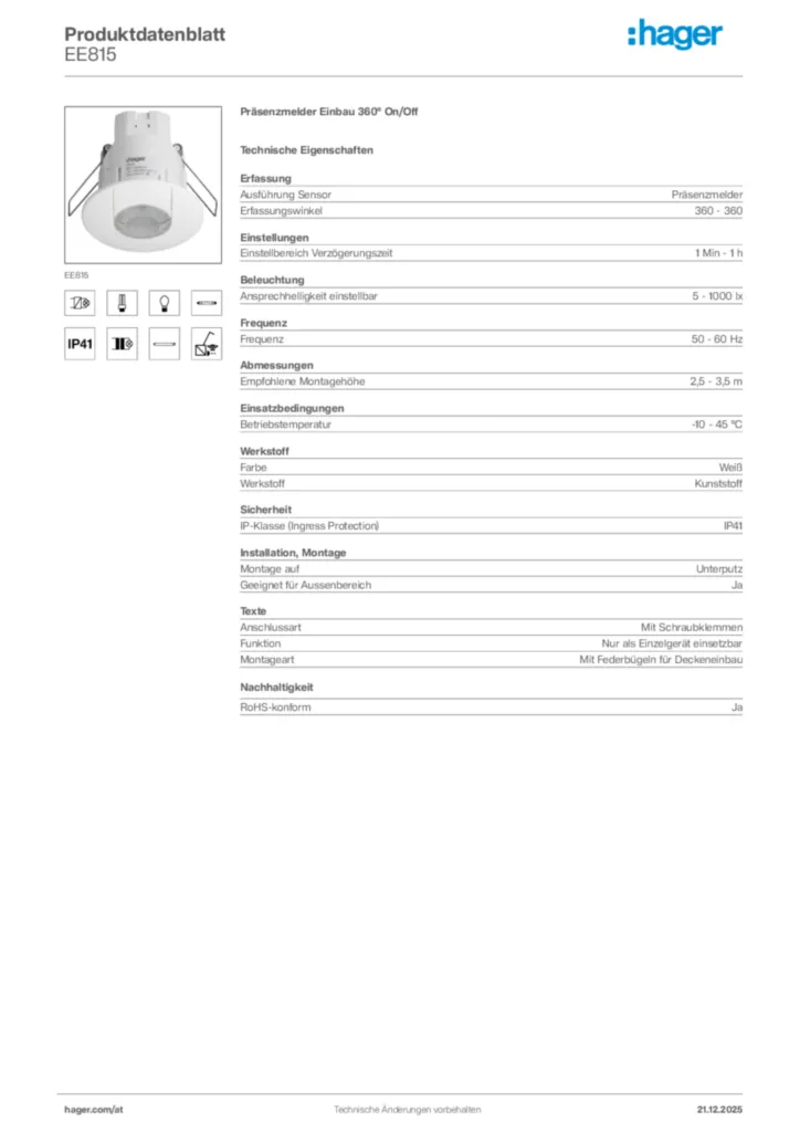 Bild Hager Produktdatenblatt EE815 | Hager Deutschland