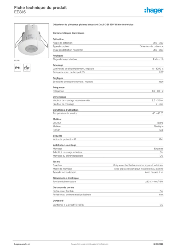 Image Hager Fiche technique du produit EE816 | Hager Suisse
