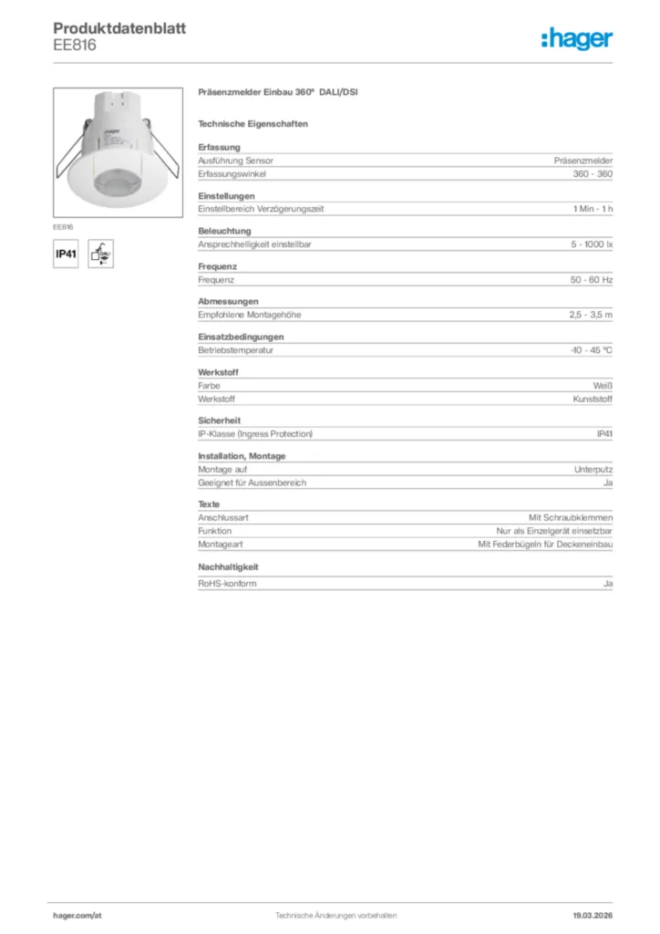 Bild Hager Produktdatenblatt EE816 | Hager Deutschland