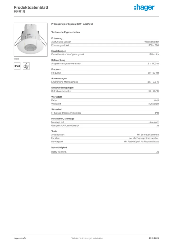 Bild Hager Produktdatenblatt EE816 | Hager Deutschland