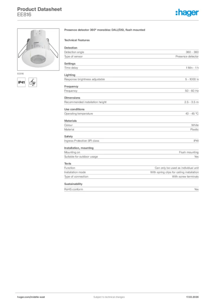 Image Hager Product data sheet EE816  | Hager