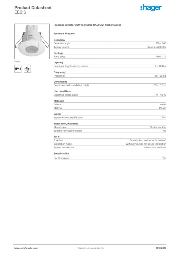 Image Hager Product data sheet EE816  | Hager