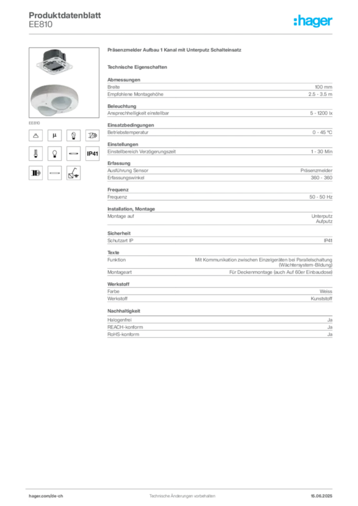 Bild Hager Produktdatenblatt EE810 | Hager Schweiz