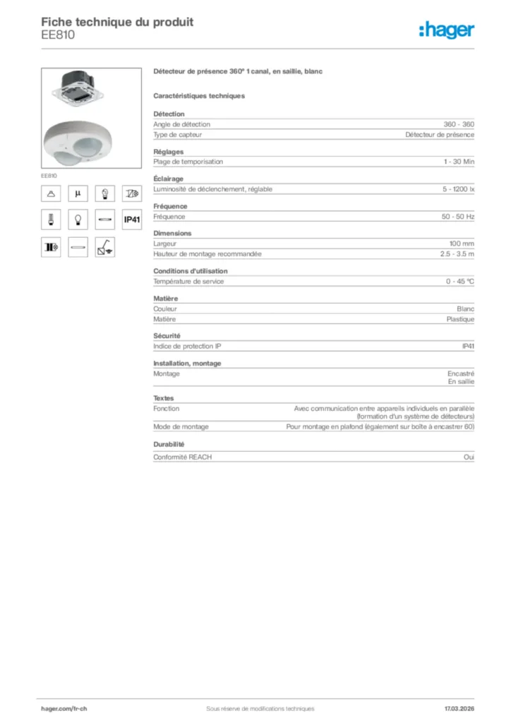 Image Hager Fiche technique du produit EE810 | Hager Suisse
