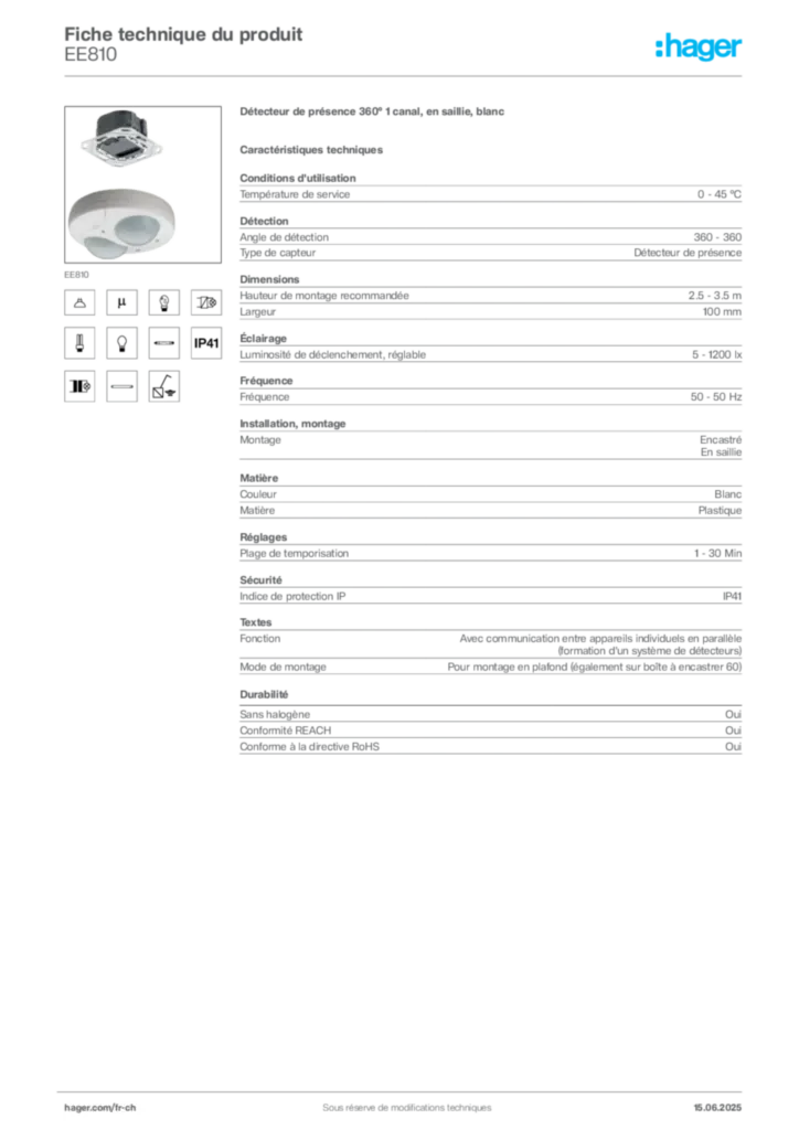 Image Hager Fiche technique du produit EE810 | Hager Suisse