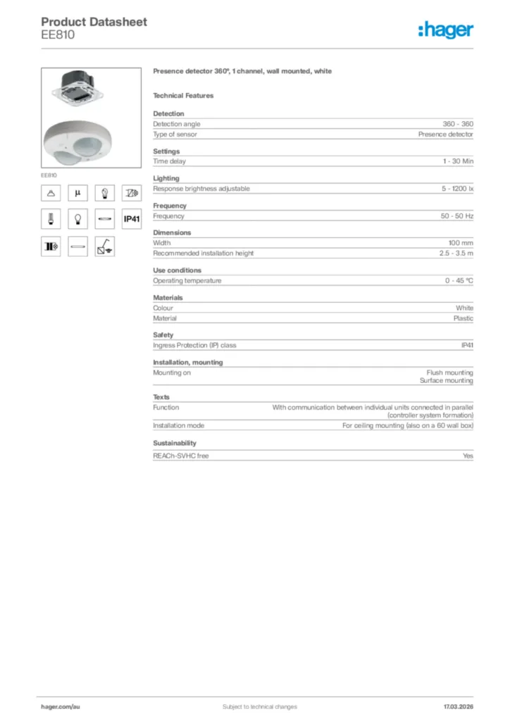 Image Hager Product data sheet EE810  | Hager Australia