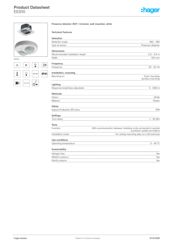 Image Hager Product data sheet EE810  | Hager Australia