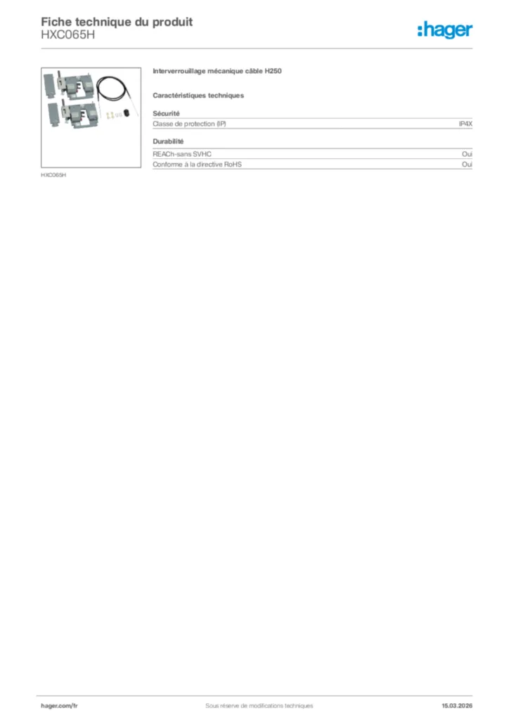 Image Hager Fiche technique du produit HXC065H | Hager France