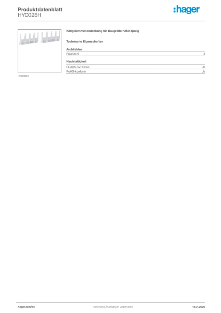 Bild Hager Produktdatenblatt HYC028H | Hager Deutschland